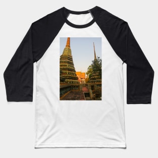 First sidewalk view to ornate roof, flanked from parts of Chedis at Wat Pho. Baseball T-Shirt